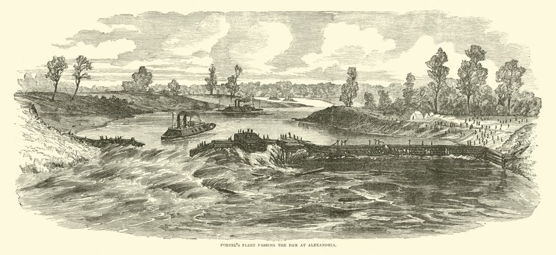 1864年5月、アレクサンドリアのダムを通過するポーター艦隊 作： アメリカの学校