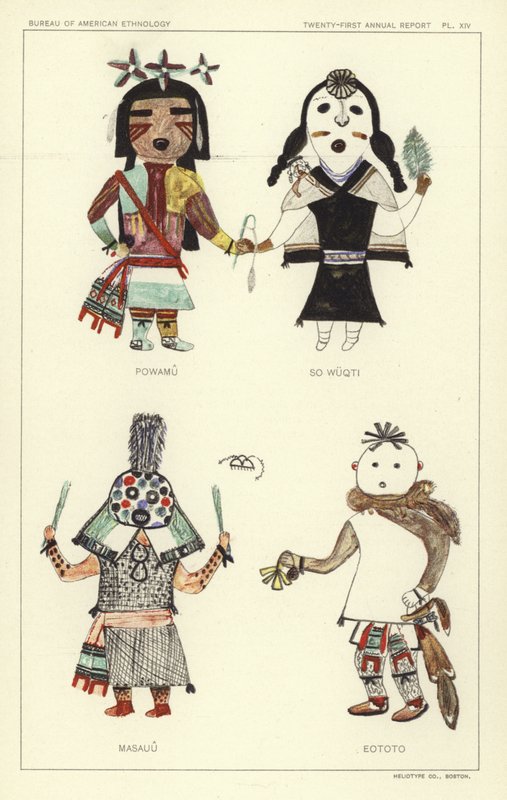 Powamu、So Wuqti、Masauu、Eototo（カラーリトグラフ） 作： アメリカの学校
