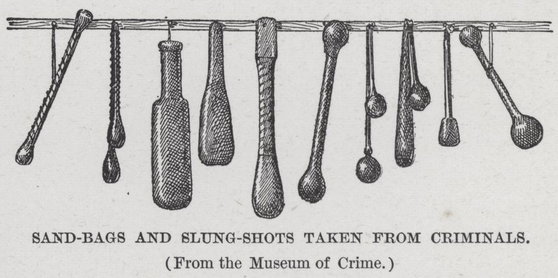 犯罪者から奪ったサンドバッグとスランガンショット（リトグラフ 作： アメリカの学校