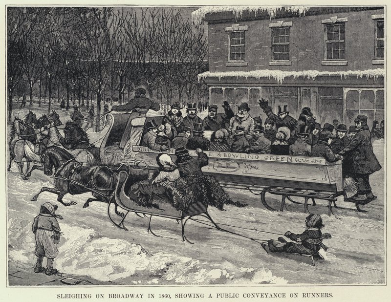 1860年のブロードウェイでのそり遊び、ランナーに乗った公共の乗り物を示す（リトグラフ 作： アメリカの学校