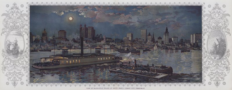 ジャージー・シティのフェリーボートから見たマンハッタン島の夜景（カラーリトグラフ） 作： アメリカの学校