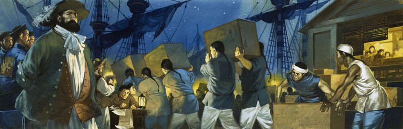 イギリスへの輸送のため、クリッパーに茶葉を積み込む中国人労働者たち 作： アンガス・マクブライド