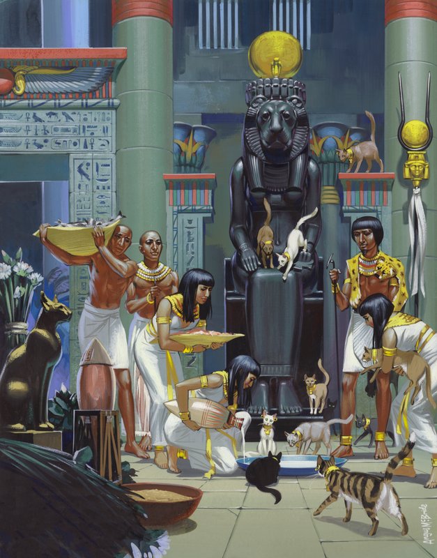 古代エジプト神殿で猫に餌を与える使用人たち（紙にグワッシュ） 作： アンガス・マクブライド