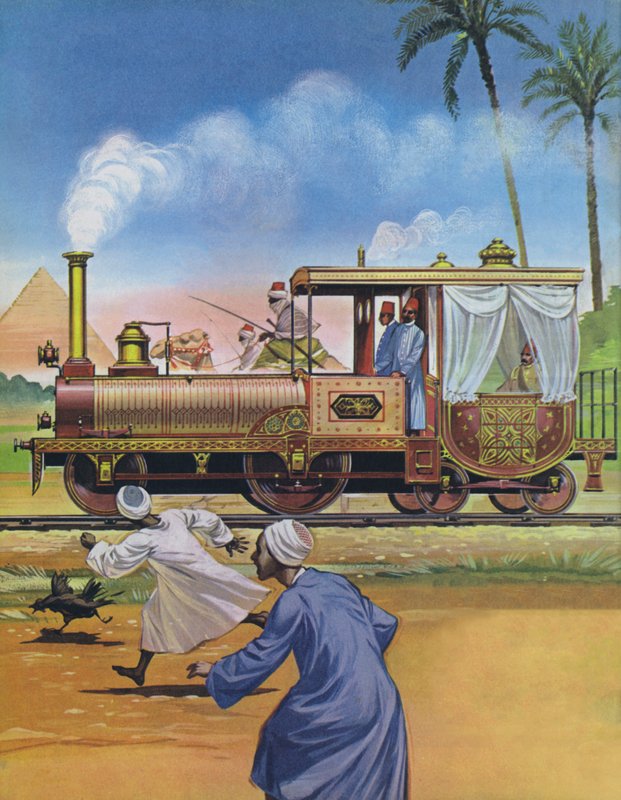 1862年、エジプトのケディヴが英国でエンジンと馬車を製造した（カラーリトグラフ）。 作： アンガス・マクブライド