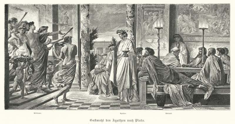 古代ギリシア、アガソンとプラトンの宴（エングレービング 作： アンゼルム・フォイエルバッハ