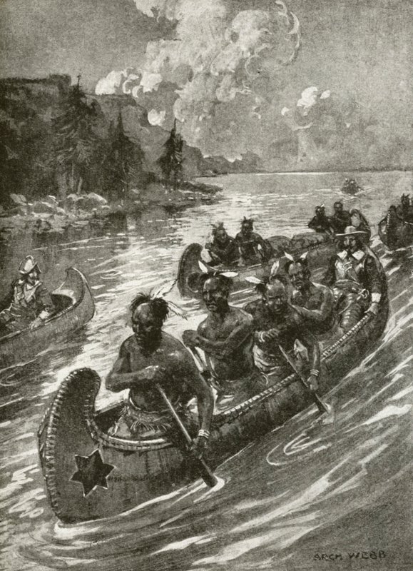 1608年、Samuel De Champlainが、友好的なアメリカ先住民のカヌーに乗ってセントローレンス川を遡上した様子（リトグラフ 作： Archibald Bertram（後）Webb