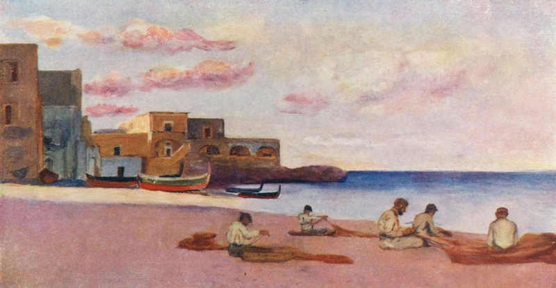 イスキア島のマリーナ・ビーチの夕べ（カラーリトグラフ） 作： オーガスティーン・フィッツジェラルド