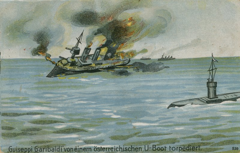 1915年7月18日、第一次世界大戦、オーストリアの潜水艦U-4によるイタリアの巡洋艦ジュゼッペガリバルディの沈没 作： オーストリア学派