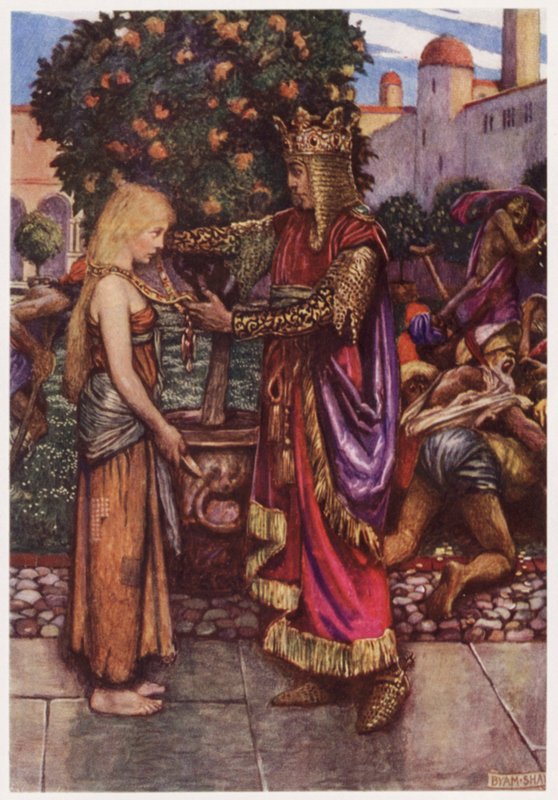 "The King he called her back, / And unto her he gave his chain" (カラーリトグラフ) 作： Byam（後）Shaw