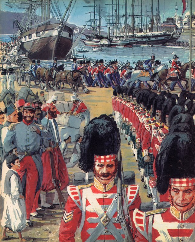 クリミアに向かう途中、マルタに到着したイギリス軍（カラーリトグラフ） 作： CL ダウティ