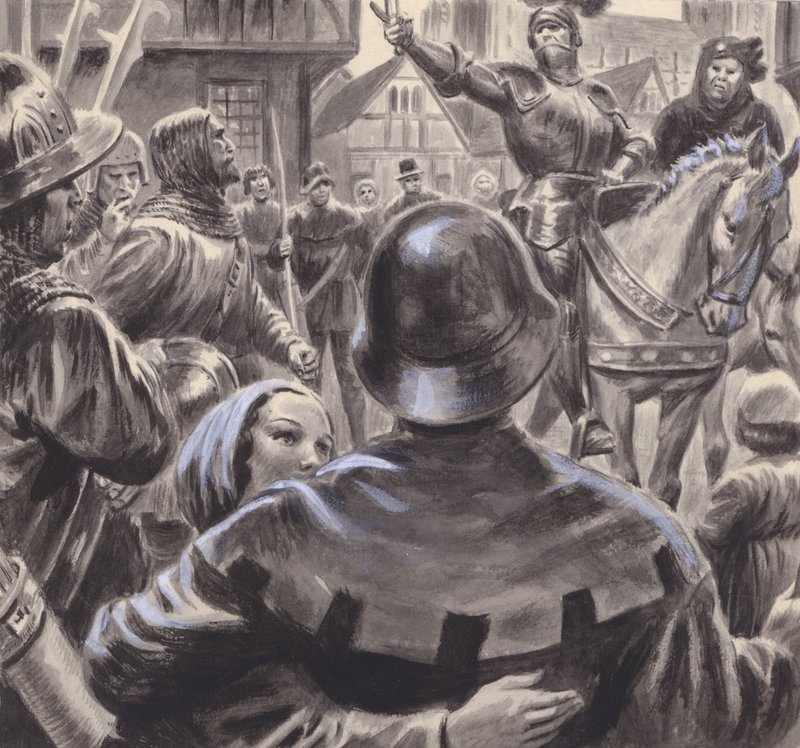 1453年に百年戦争が終結した後、イングランドに殺到した失業中の元軍人たちから軍を募った喧嘩中の貴族たち（紙にグワッシュ） 作： CL ダウティ