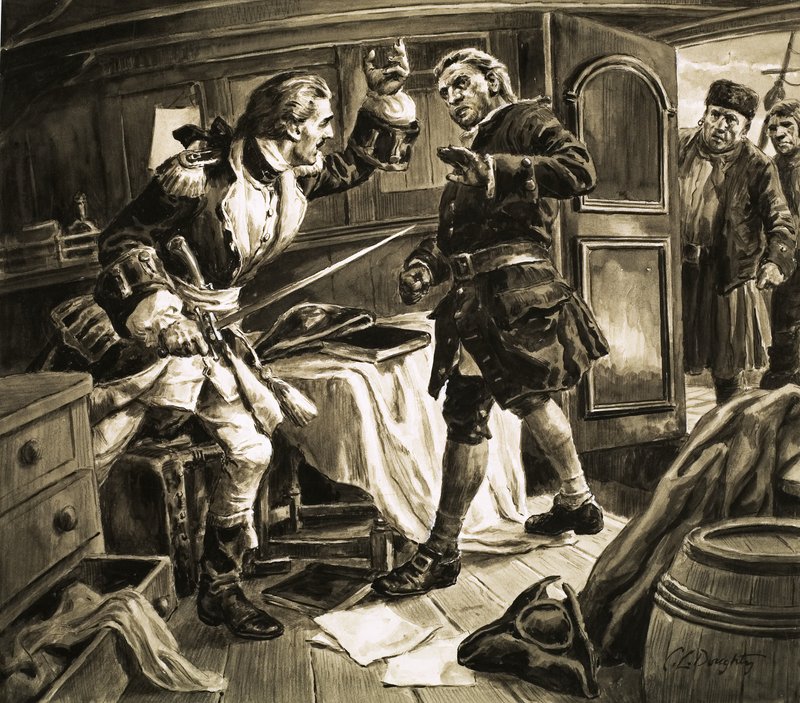 剣を手にしたスペインの沿岸警備隊長がジェンキンス船長に突進してきた」。 作： CL ダウティ