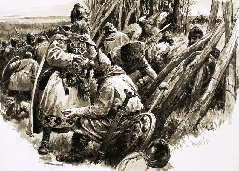 少数の忠実な従者を連れて、アルフレッド王は沼地に退却した。 作： CL ダウティ