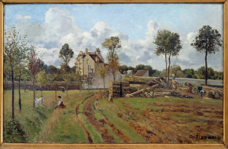 カミーユ・ピサロ、【ルーヴシエンヌの乗合馬車】、希少な額装用画集より Camille_Pissarro_-
