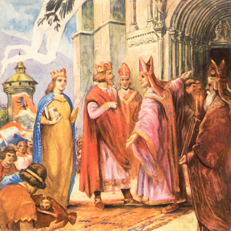 ヘンリ2世がバンベルク大聖堂を奉献（カラーリトグラフ）。 作： 