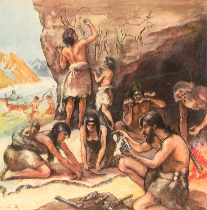 石器時代の家族の洞窟（エンハンスド・カラー・リトグラフ） 作： 