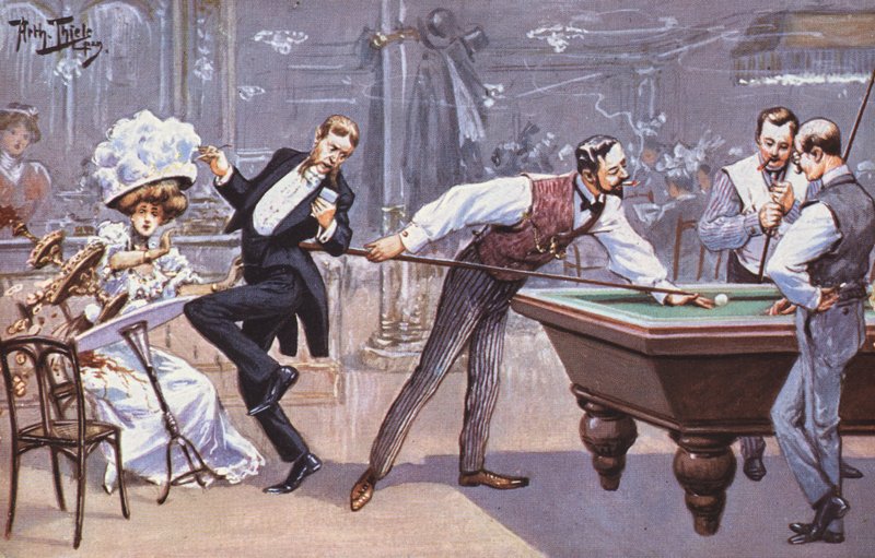 ビリヤード場でのコミカルなシーン（カラーリトグラフ 作： カール・ロバート・アーサー・ティーレ