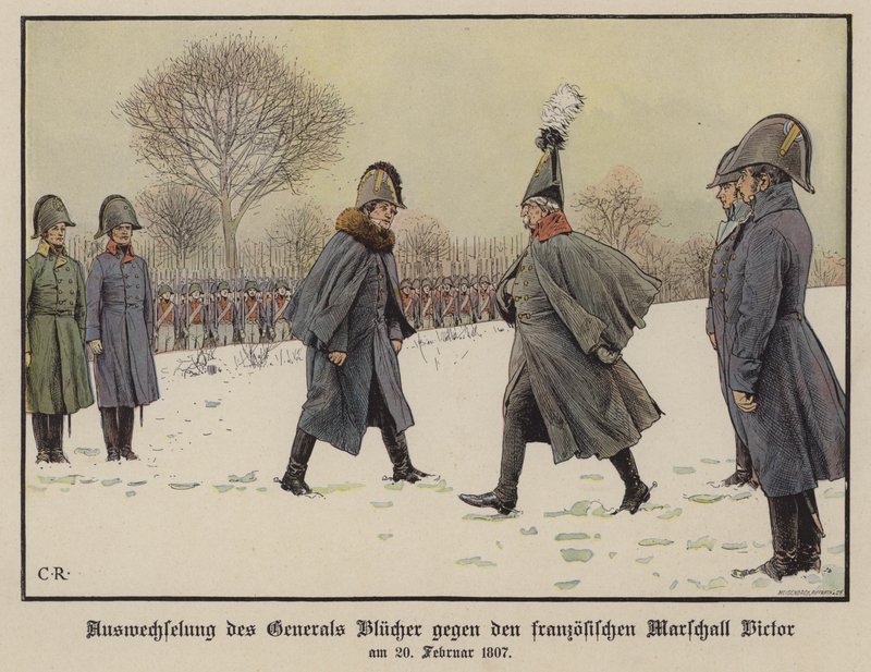 1807年2月20日、捕虜となったプロイセンとフランスの野戦元帥ゲバハルト・ブリューチャーとクロード・ヴィクトル＝ペランの交換（カラーリトグラフ 作： カール・ロシュリング