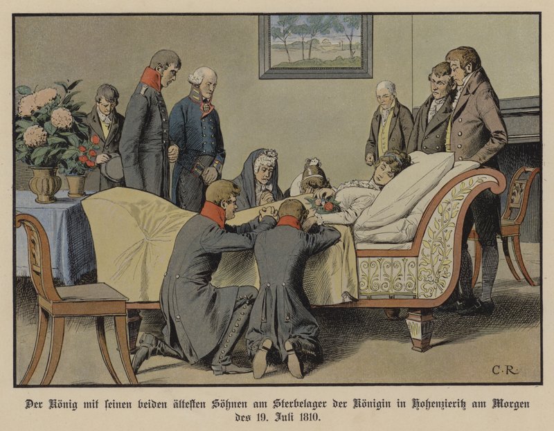 1810年7月19日朝、ルイーズ王妃の死の床のそばにいるプロイセン王フリードリヒ・ウィリアム3世と2人の長男（カラーリトグラフ 作： カール・ロシュリング