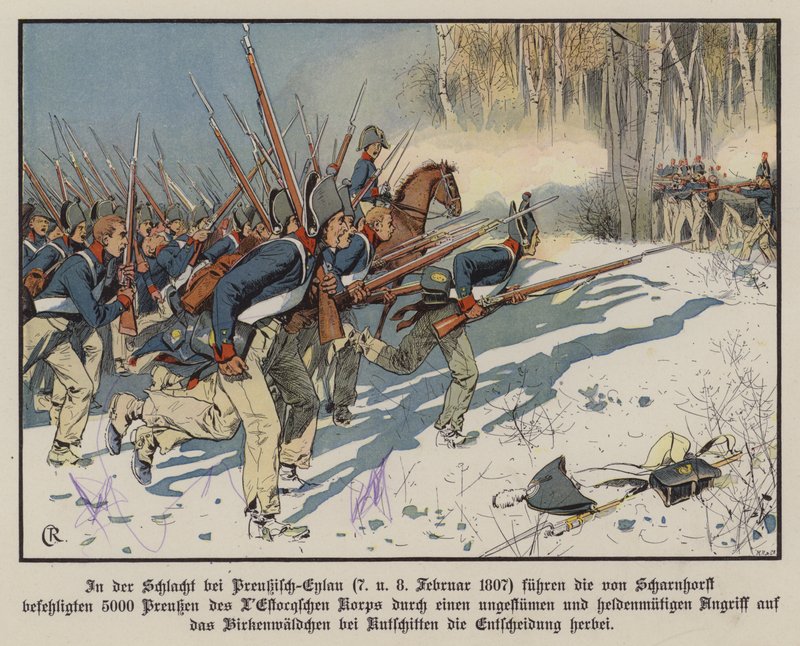 1807年2月7〜8日、アイラウの戦いで攻撃するプロイセンの歩兵（カラーリトグラフ 作： カール・ロシュリング