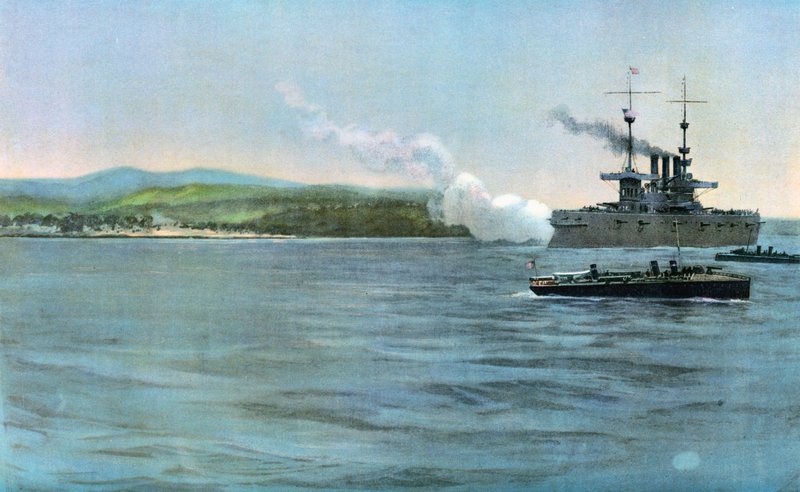 1898年4月29日、カバナ沖のスペイン騎兵隊の沿岸警備隊に発砲したサンプソン提督の旗艦、ニューヨークのアメリカ装甲巡洋艦 作： カールトン・セオドア・チャップマン