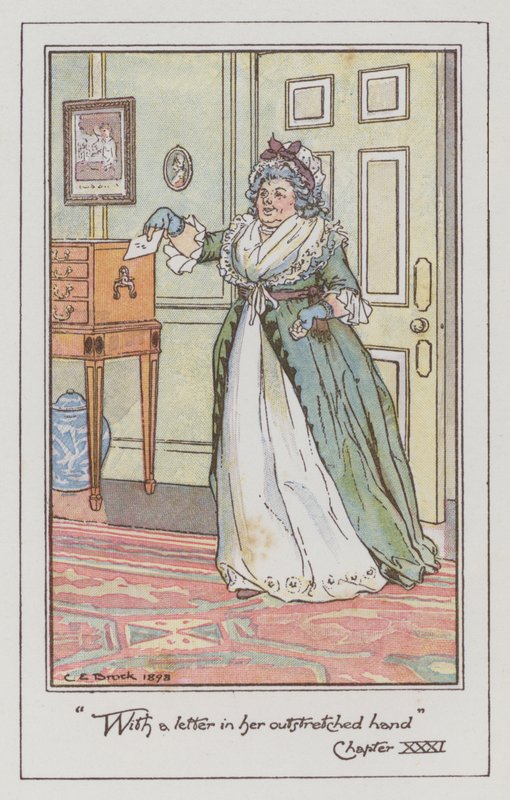 ジェーン・オースティンの「Sense and Sensibility」のイラスト（カラーリトグラフ）。 作： チャールズ・エドモンド・ブロック