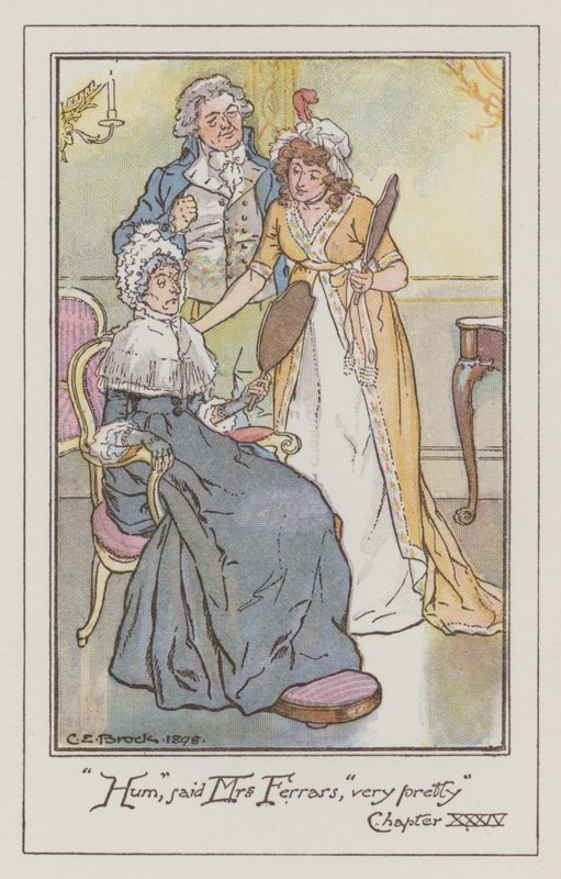 ジェーン・オースティンの「Sense and Sensibility」のイラスト（カラーリトグラフ）。 作： チャールズ・エドモンド・ブロック