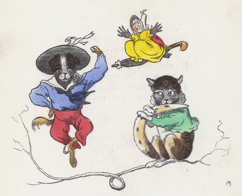 デイム・トロッティペグとペットの猫と犬（カラー彫刻 作： チャールズヘンリー（後）ベネット