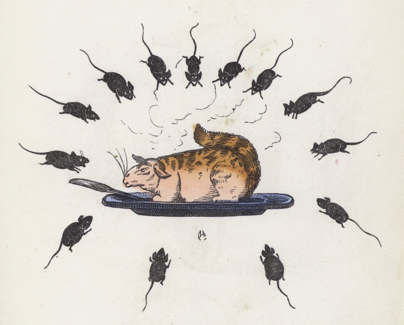 皿の上の大食漢の猫が空腹のネズミに囲まれている（彩色済み彫刻 作： チャールズヘンリー（後）ベネット