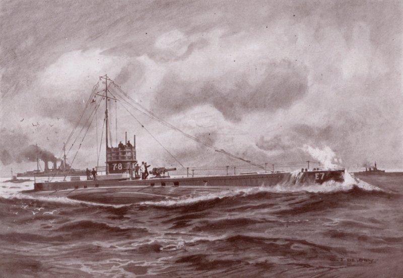 水面に浮かぶ潜水艦(リトグラフ) 作： チャールズジョンデ（後）レイシー