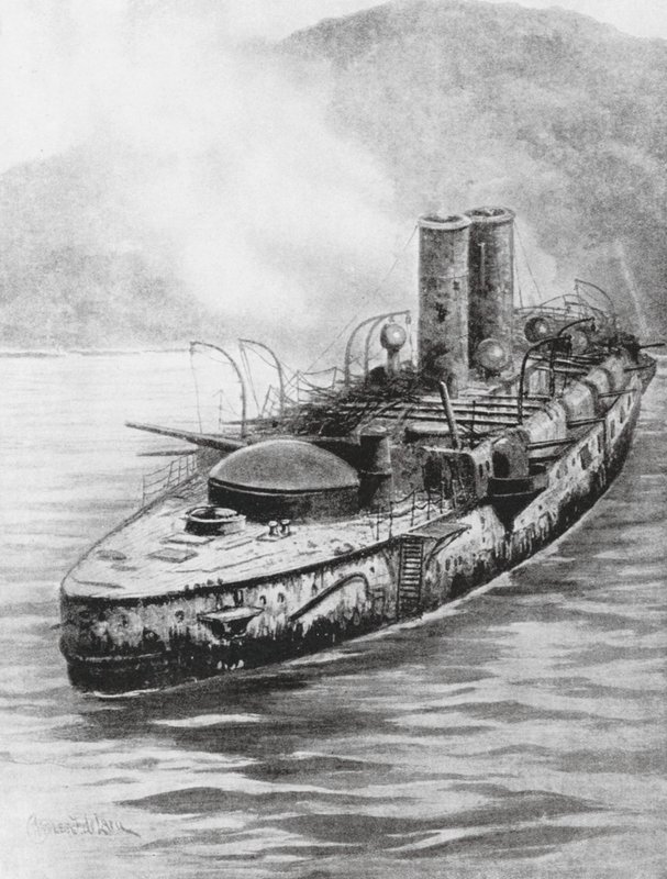 1898年、海戦後のスペイン装甲巡洋艦オケンド（リトグラフ） 作： チャールズジョンデ（後）レイシー