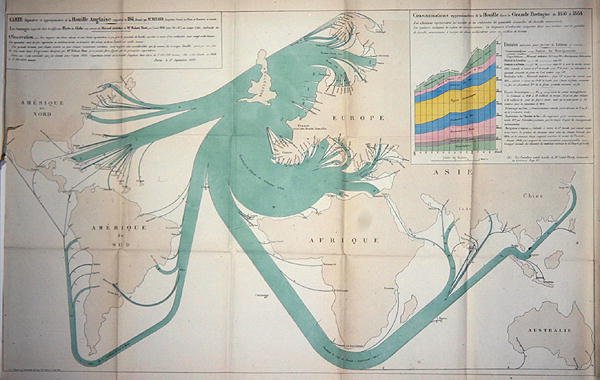 1864年のイギリス諸島からの石炭輸出量を示す地図