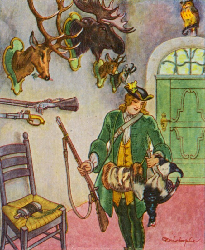 トロフィー付きハンティング・ロッジ（カラーリトグラフ） 作： クリストフ (1856-1945)