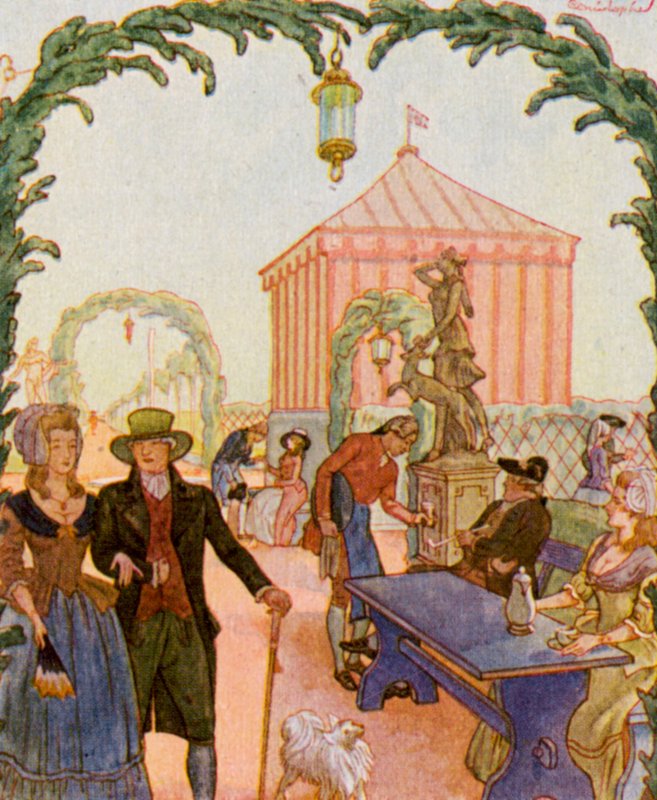 ニュルンベルクのシュマウゼンガルテン／ニュルンベルク前の饗宴庭園（カラーリトグラフ） 作： クリストフ (1856-1945)