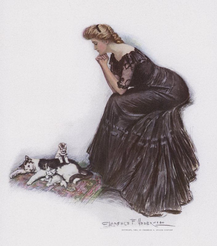 猫と子猫を見ている女性 作： クラレンス・F・アンダーウッド