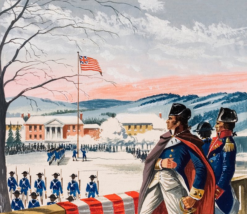 独立戦争中、ボストンを包囲していたアメリカ軍は、プロスペクト・ヒルに新しい旗を掲げた。 作： ダン・エスコット