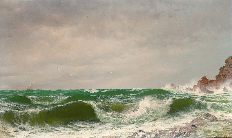 【真作】絵画　油彩8号　岩礁に打ち寄せる波　荒波と岩場の海風景　Y180 David_James_-