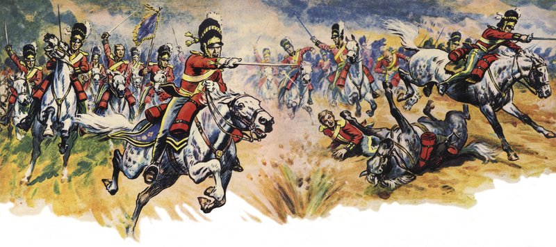 "鳰の軍団よ、彼らの中へ！"ワーテルローの戦いでの北軍（騎兵）旅団の突撃（カラーリトグラフ） 作： デレク・チャールズ・アイルズ