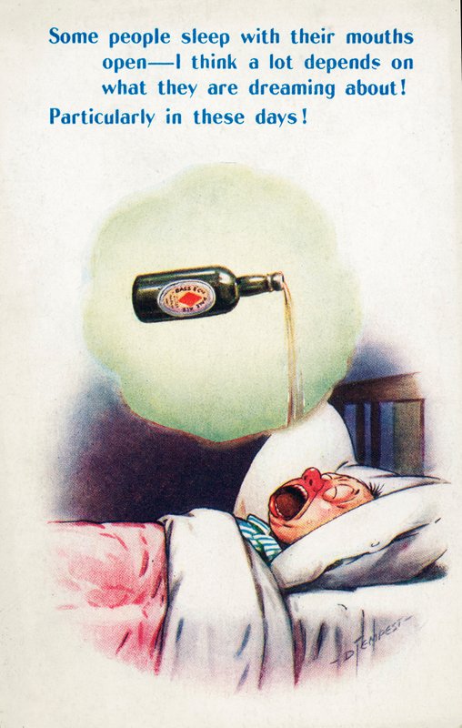 アルコール依存症：ビールを夢見て口を開けて眠る男（カラーリトグラフ） 作： ダグラス・テンペスト