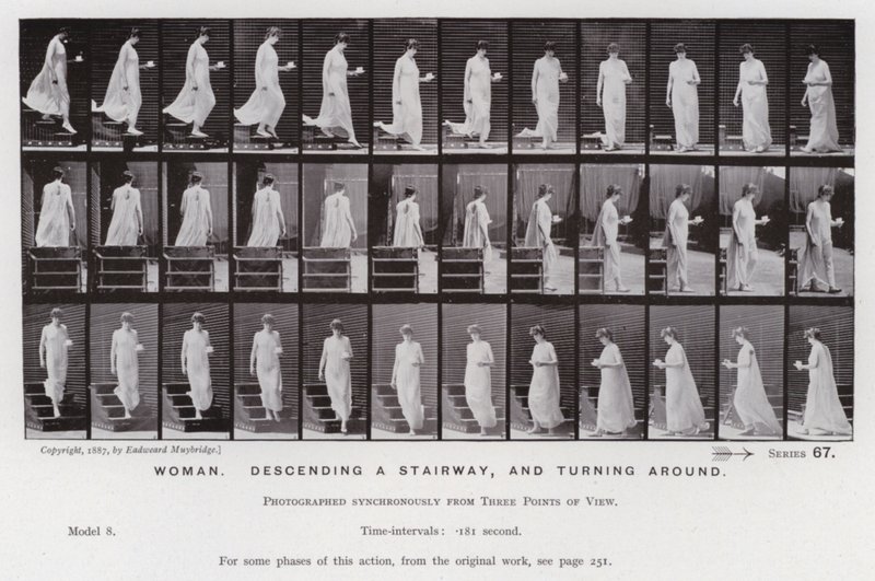 動く人間の姿。女性、階段を降りる、振り向く（モノクロ写真 作： エドワード・マイブリッジ