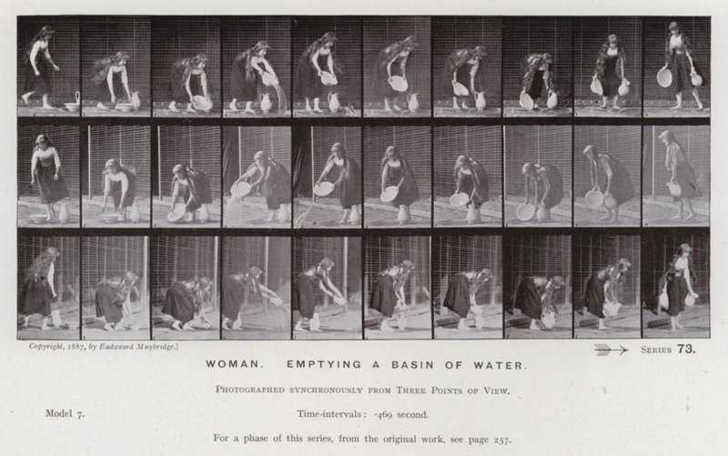 動く人間の姿。洗面器の水を空にする女性（モノクロ写真 作： エドワード・マイブリッジ