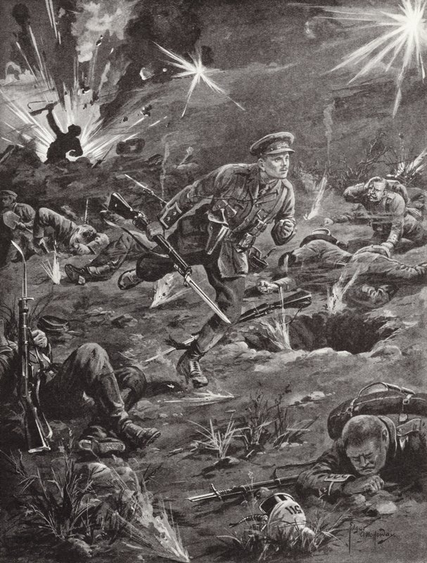1915年4月、ベンジャミンギアリー中尉が激しい砲撃の下で急いで丘60の右側にある塹壕に向かい、ベルギーのイープルの将校と連絡を取る 作： エドガー・アルフレッド・ホロウェイ