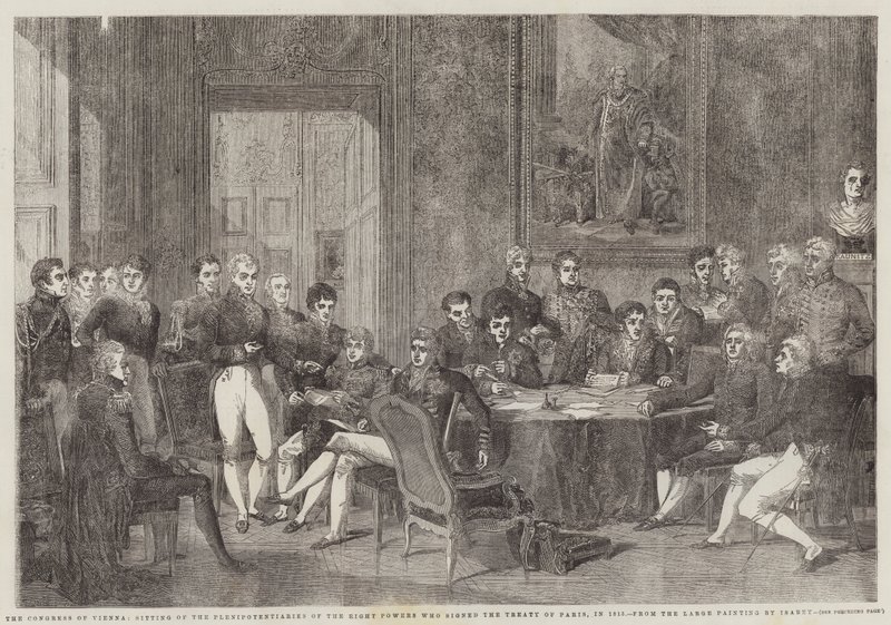 1815年にパリ会議に署名した8つの大国の全権者の座るウィーン議会 作： エドモンド・モリン