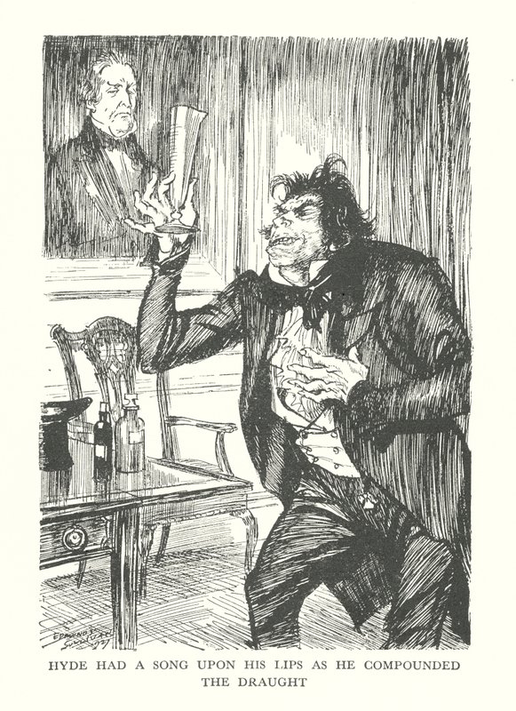 R・L・スティーヴンソン著『ジキル博士とハイド氏の奇妙な事件』の挿絵（リトグラフ）。 作： エドマンドジョセフ（後）サリバン