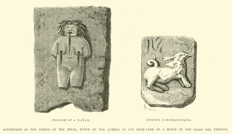トリウンフォ通りの家の裏庭で著者が発見したインカ時代の彫刻 作： Edouard Riou