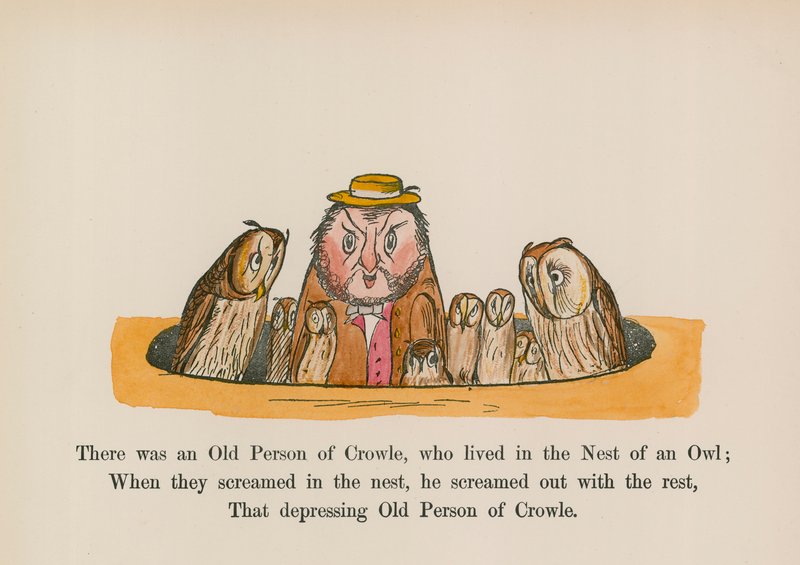 フクロウの巣に住むクロウルの老人がいた（カラー版画） 作： エドワード（後）リア