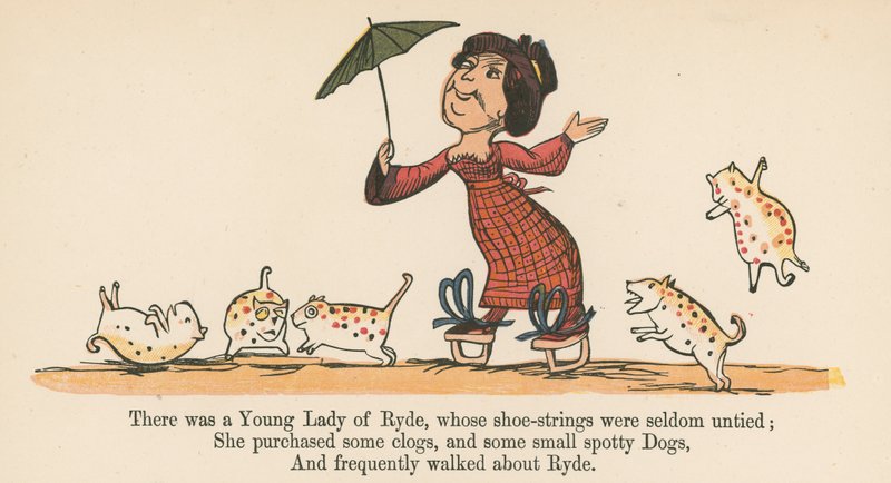 1875年頃、ロンドンのフレデリックウォーンアンドカンパニー発行の 『A Book of Nonsense』から、紐をほどくことがほとんどなかったライドの若い女性がいました。 作： エドワード・リア