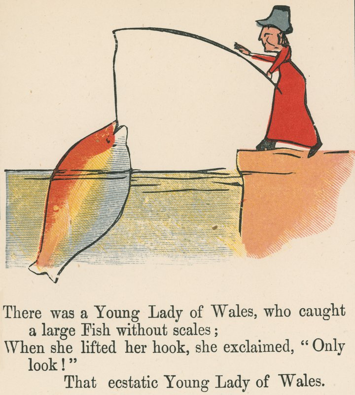 1875年頃にロンドンのフレデリックウォーンアンドカンパニー発行の 『A Book of Nonsense』から、鱗のない大きな魚を釣った若い女性のウェールズがいました。 作： エドワード・リア
