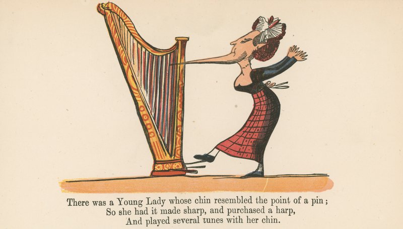 1875年にロンドンのフレデリックウォーンアンドカンパニー発行の「A Book of Nonsense」から、あごがピンの先に似た若い女性がいました。 作： エドワード・リア