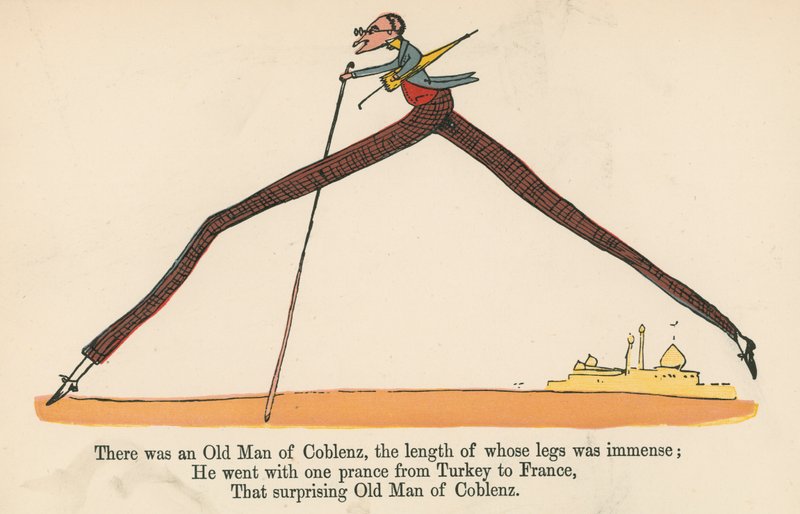 1875年にロンドンのフレデリックウォーンアンドカンパニーから出版された「A Book of Nonsense」から、脚の長さが途方もないコブレンツの老人がいました。 作： エドワード・リア